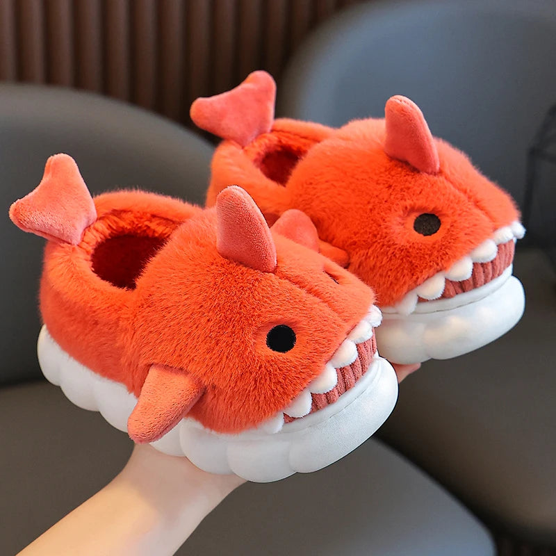 Winter Heel Wrap Cotton Slippers Children's Cute Cartoon Shark Non-slip Soft Sole Kids Boys Girls Junior Warm Plush Home Shoes