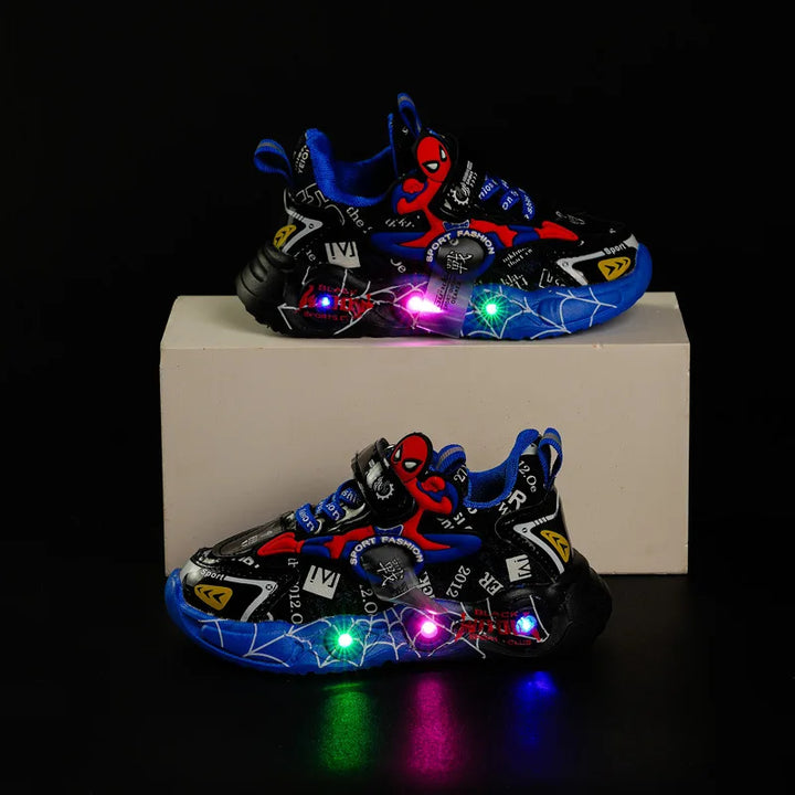 Disney LED Casual Sneakers Red Black For Spring Boys Spiderman Outdoor Shoes Children Lighted Non-slip Shoes Size 21-30