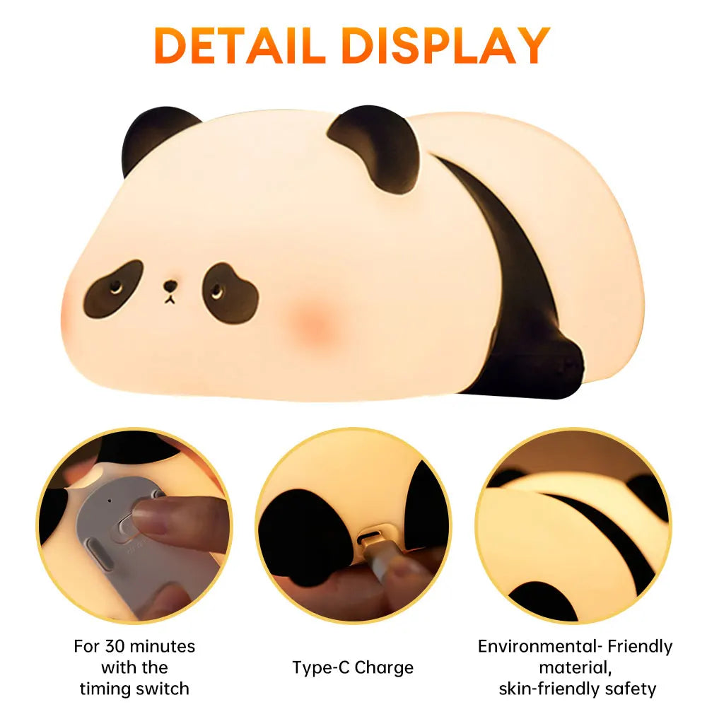 LED Night Lights Cute Panda Silicone Lamp USB Rechargeable Timing Bedside Lamp Decor Kids Birthday Gifts for Home Bedroom