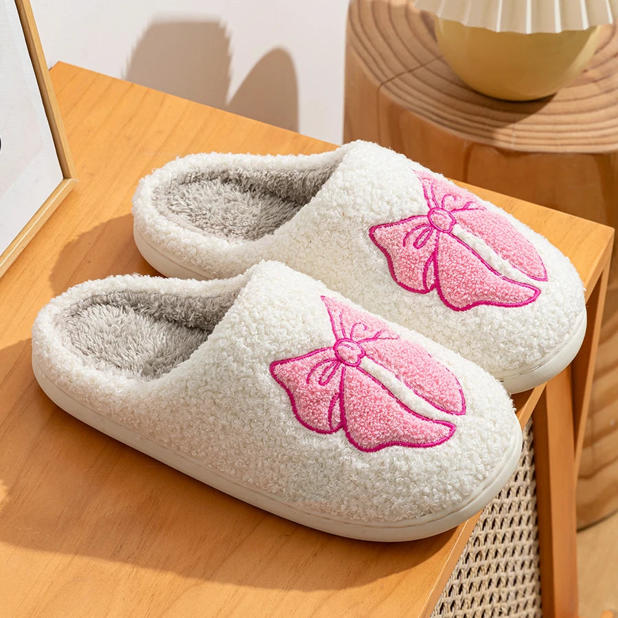 Fashion Cute Pretty Bow Women Slippers Indoor Winter Soft Sole Exquisite Warm Graceful Causal Dormitory Comfy Flat Cotton Shoes