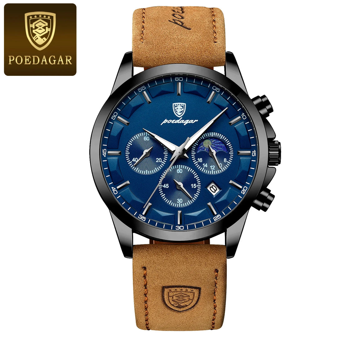 POEDAGAR Men Quartz Watch Luxury Sports Waterproof Chronograph Luminous Date Man Wristwatch Business Leather Men's Watches Clock