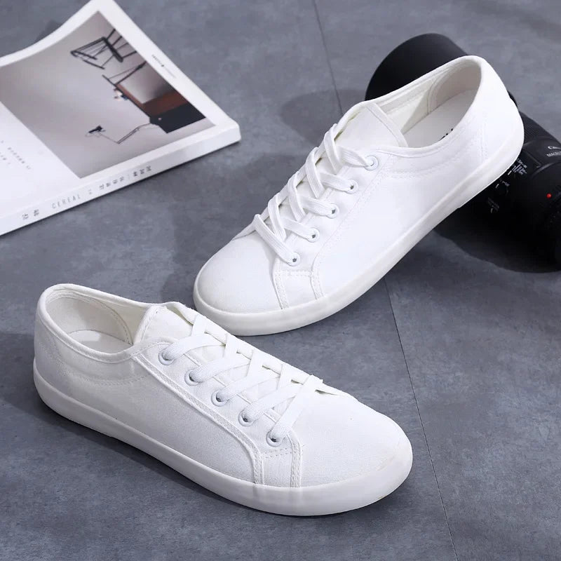 Unisex White Canvas Lace-Up Vulcanized Shoes