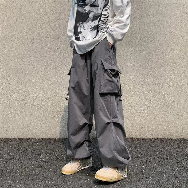 Cargo Pants For Men Straight Grey Trousers Man Autumn Wide Regular Fit Large Size Slacks Street Cotton Luxury Clothing Fashion