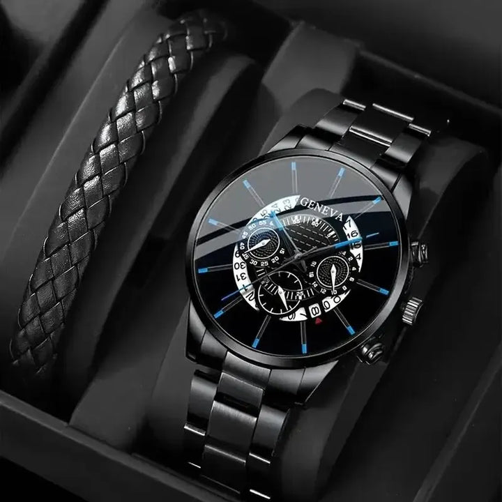 Men's Watch & Bracelet Set – Black Steel Band