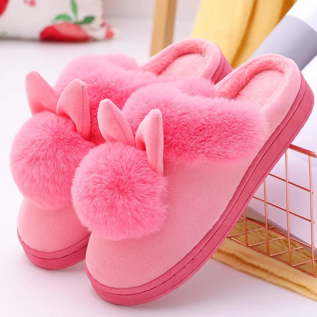 Women'S Winter Plush Rabbit Ear Indoor Cotton Mop Thick Soft Sole Slides Men Women Indoor Floor Flat Home Non-Slip Shoes