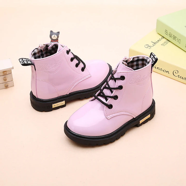 Winter PU Leather Boots – Kids' Waterproof Plush Shoes