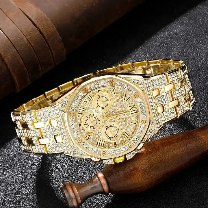 Luxury Men Watch Stainless Stee Band Golden Watches for Men Fashion Hip Hop Watch Diamond Big Dial Business Quartz Wristwatches