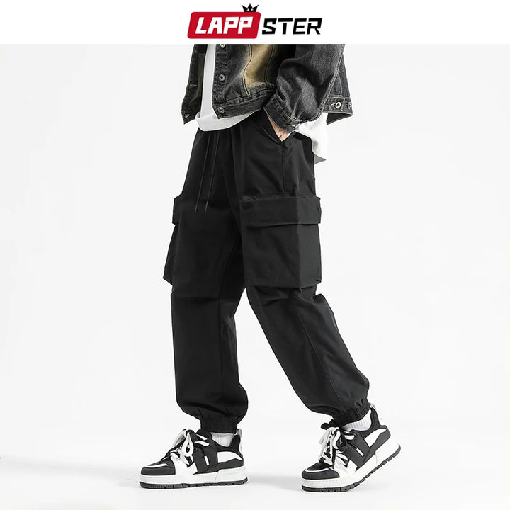 LAPPSTER Y2k Streetwear Baggy Cargo Pants Tracksuit Black Korean Fashion Joggers Tactical Pants For Men Harajuku Stacked Pants