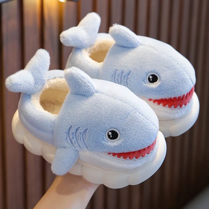 New Winter Wrap Heels Cute Cartoon Shark Cotton Slippers Children's Non-slip Soft For Kids Girls Boys Baby Warm Plush Home Shoes