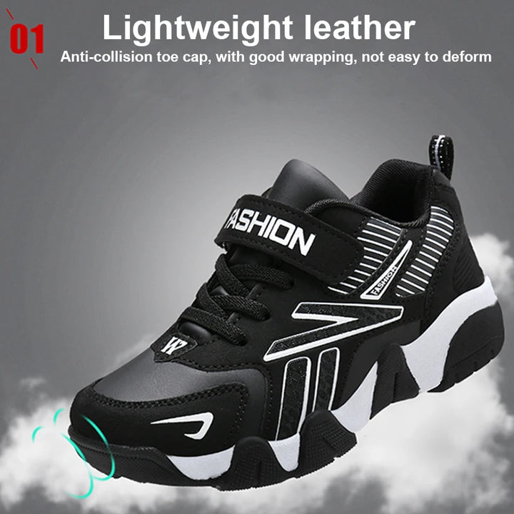 Kids Fashion Sneakers Boys Tennis Shoes Comfortable Leather Running Shoes Lightweight Outdoor Children's Sports Walking Shoes