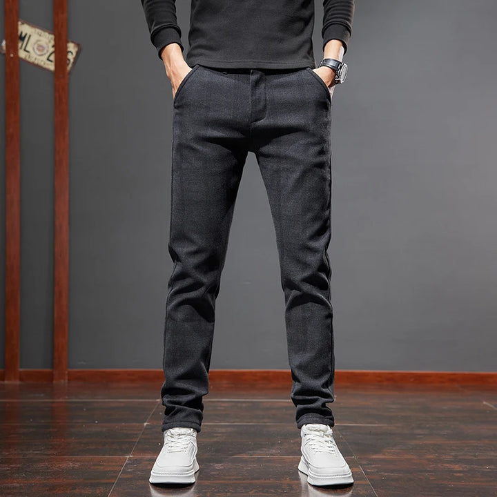 Winter New Men's Warm Casual Pants Business Fashion Fleece Thick Office Stretch Grey BlackTrousers Male Size 28-38