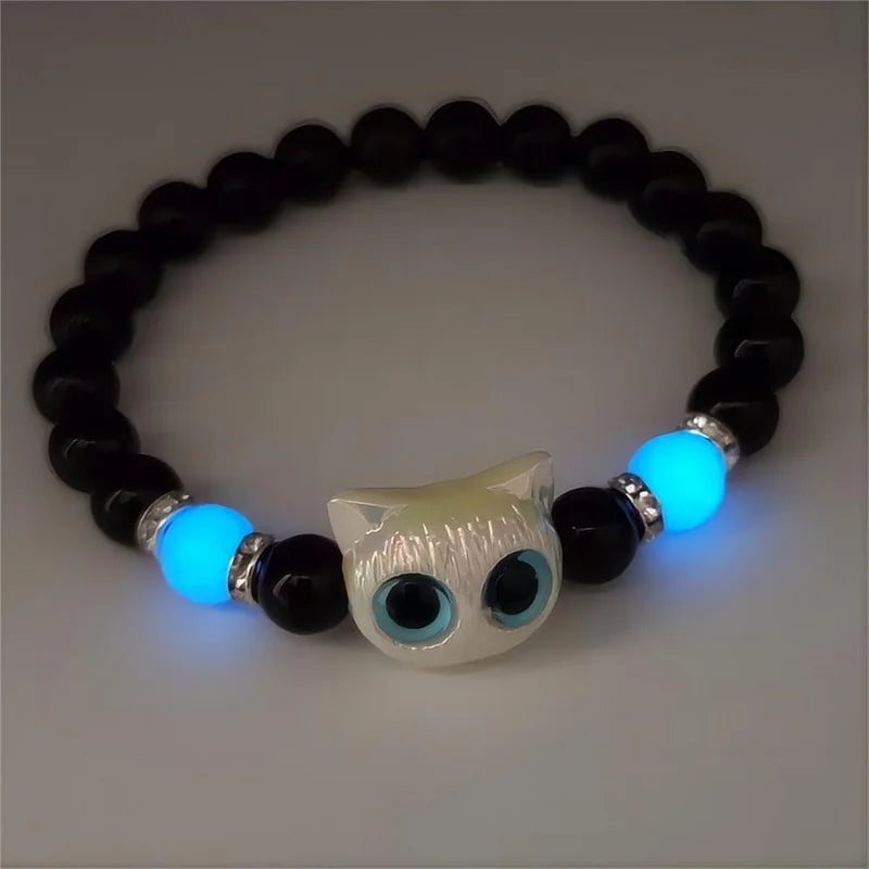 Cute Cartoon Big Eye Cat Luminous Bracelets For Women Men Animal Black White Kitten Beaded Bangles Friendship Couple Jewelry