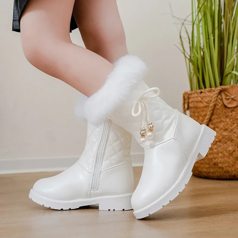 Girls Long Boots Warm Shoes for Winter Kids Princess Boots with Fur 2024 New Fashion Sweet Girls Leather Snow Boots with Bow