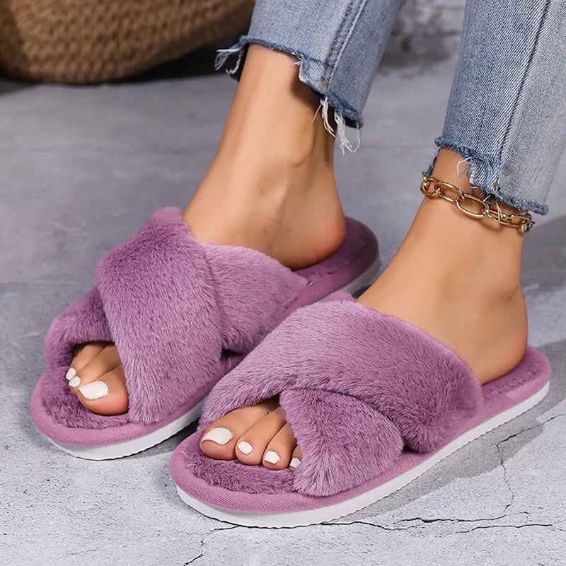 Cross Warm Fluffy Furry Slippers Women Lightweight Flat Heels Fur Slides Woman Autumn Winter Open Toe Non Slip Home Floor Shoes