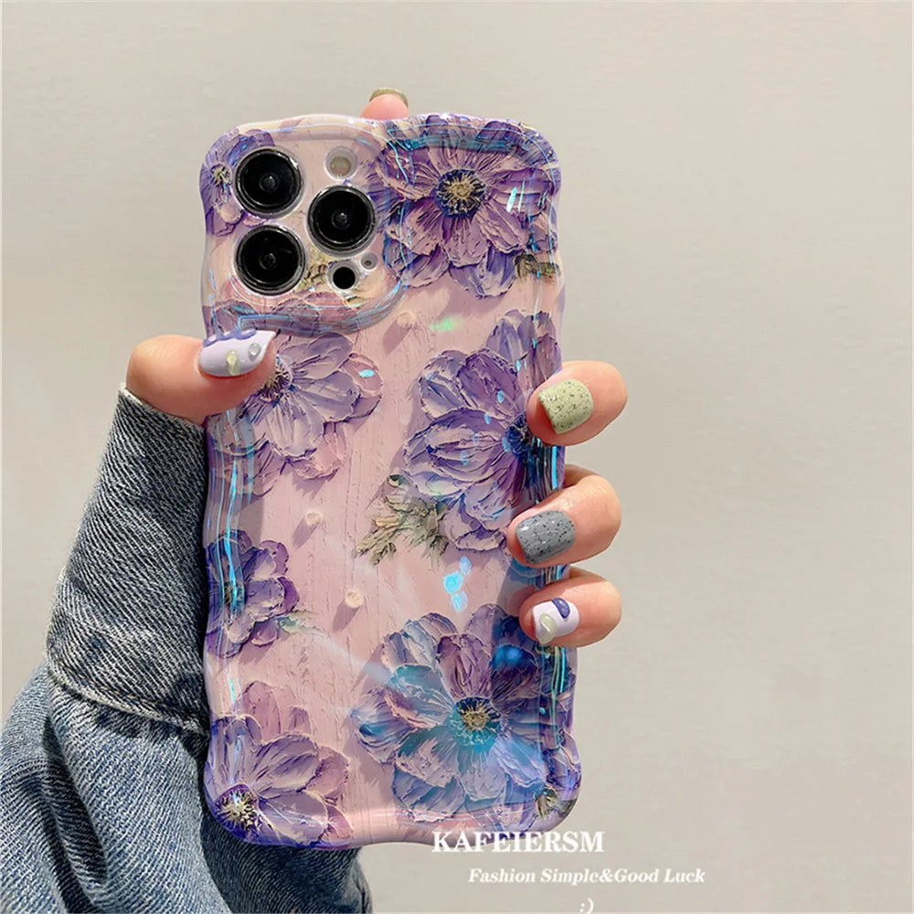 Ottwn Luxury Laser Oil Painting Flowers Phone Cases For iPhone 11 12 13 14 15 16 Pro Max Shockproof Soft Bumper Back Cover Shell