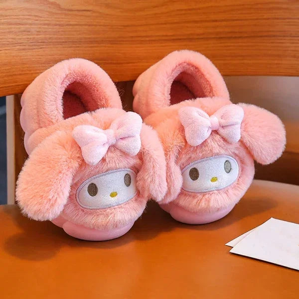 Winter Cute Cartoon Cover Heel Children's Fluffy Slippers Soft Non-slip Warm Flat Mule Boys Girls Teen Indoor Home Cotton Shoes