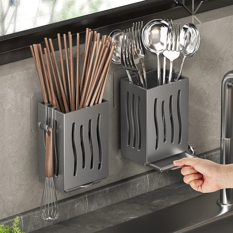 Multifunctional Kitchen Utensil Storage Rack Chopstick Draining Holder Wall-Mounted Freestanding Cutlery Tableware Organizer Box