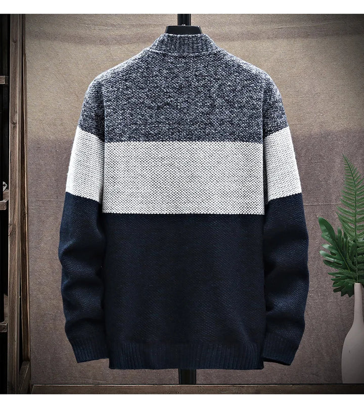 Autumn Winter Cardigan Sweater Men Fleece Zipper Sweaters Velvet Contrast Striped Sweater Coats Casual Jackets