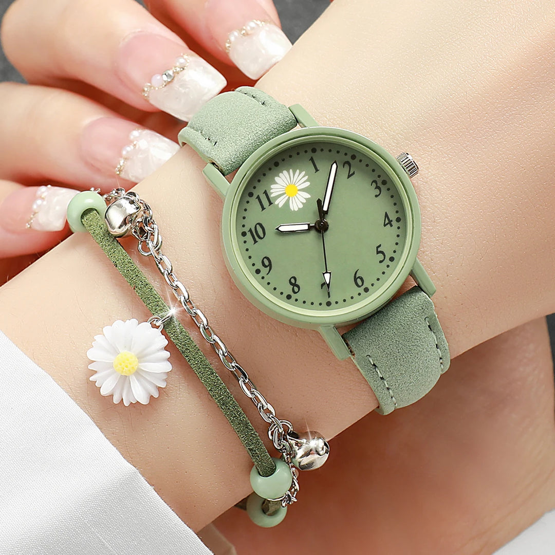 Fashion 2pcs/set Women's Daisy Dial Leather Watch&Green Flower Bracelet