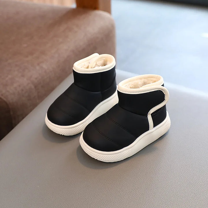 Children Short Boots Hook & Loop Kids Casual Leather Boots Non-slip Boys Girls Thick Warm Plush Fur Boots Simple 2024 Winter New