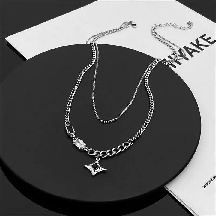 Hip Hop Zircon Star Double Layer Necklace For Men Women Trend Charm Titanium Steel Pendant Chain Unisex Jewelry Wholesale