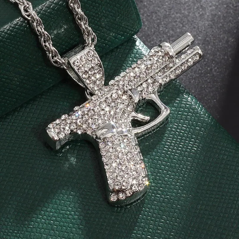 Bling Iced Out Pistol Pendant Submachine Gun Necklace Men Personality Hip Hop Rock Punk Cool Street Party Jewelry Gift