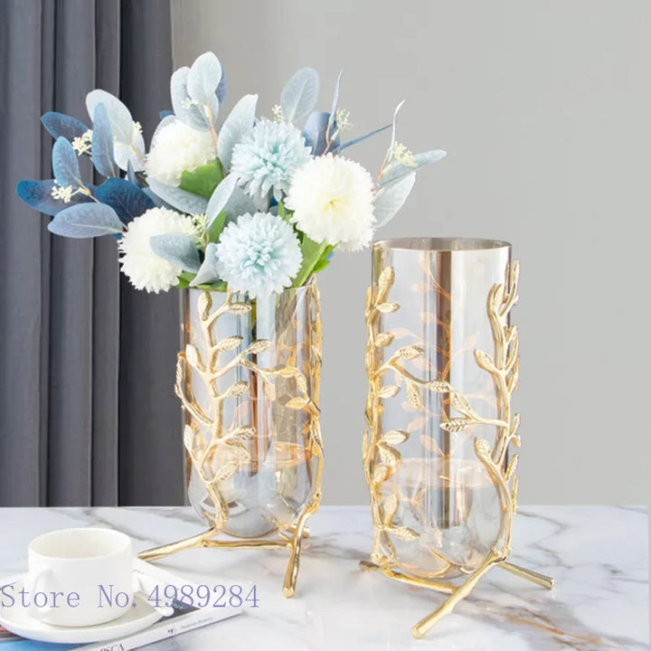 Glass Metal Vase with Gold Frame – Elegant Hydroponic Decor