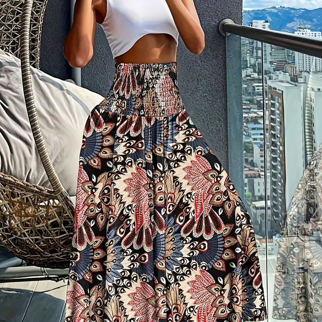 Floral Print Wide Leg Pants, Boho Shirred High Waist Loose Flare Pants For Spring & Summer, Women's Clothing