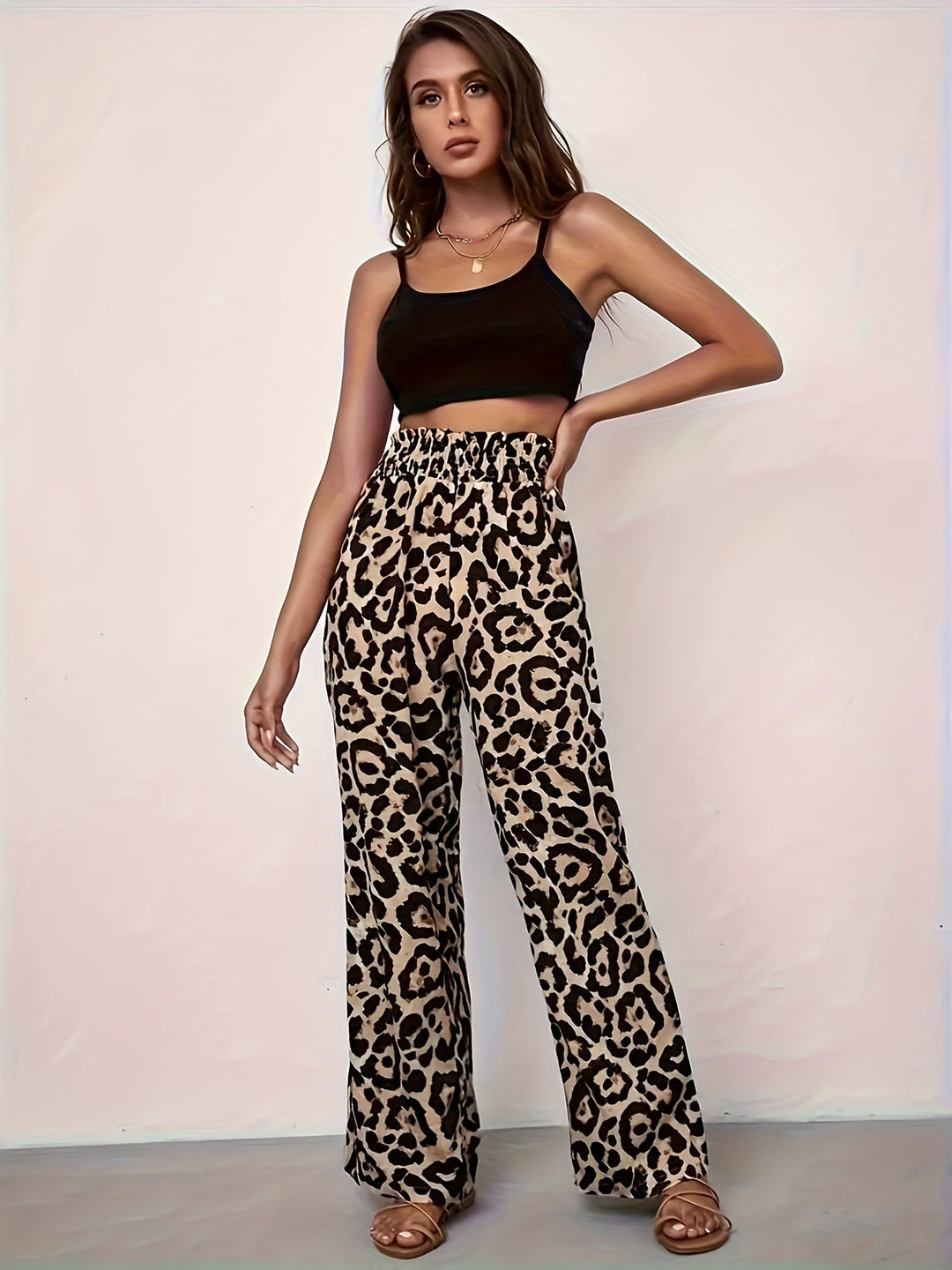 Leopard Print Elastic Waist Wide Leg Pants, Casual & Versatile High Waist Pants For Spring & Summer, Women's Clothing