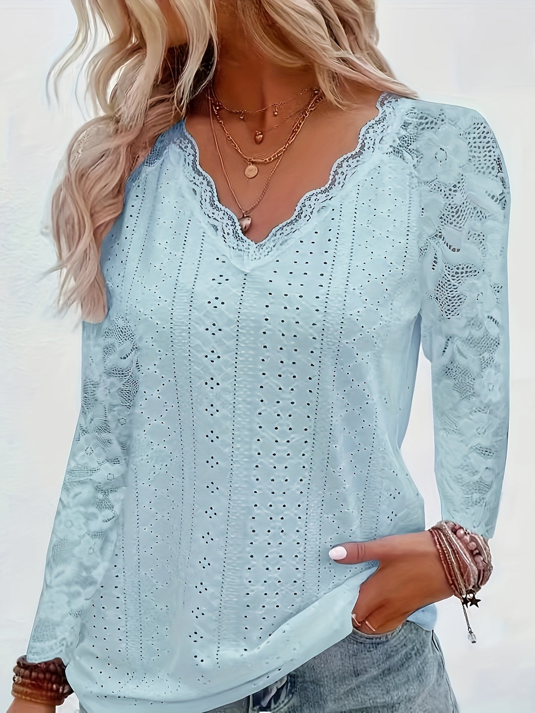 Contrast Lace V-neck Eyelet T-Shirt, Elegant Long Sleeve T-Shirt For Spring & Fall, Women's Clothing