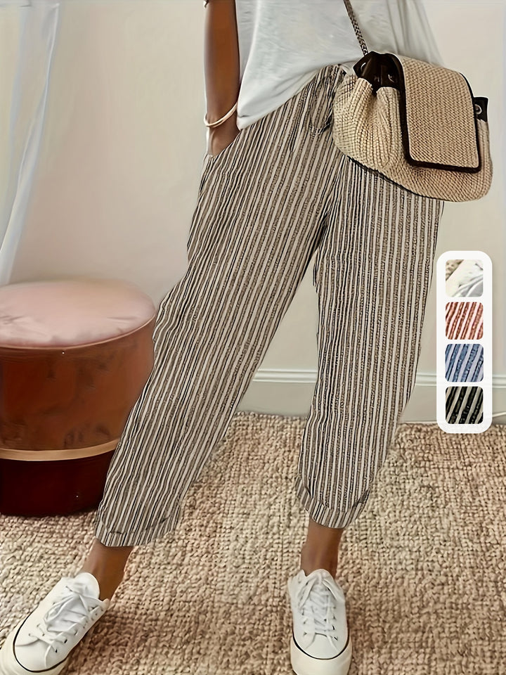 Womens Breathable Striped Drawstring Pants - Lightweight Pocketed Spring/Summer Casual Wear