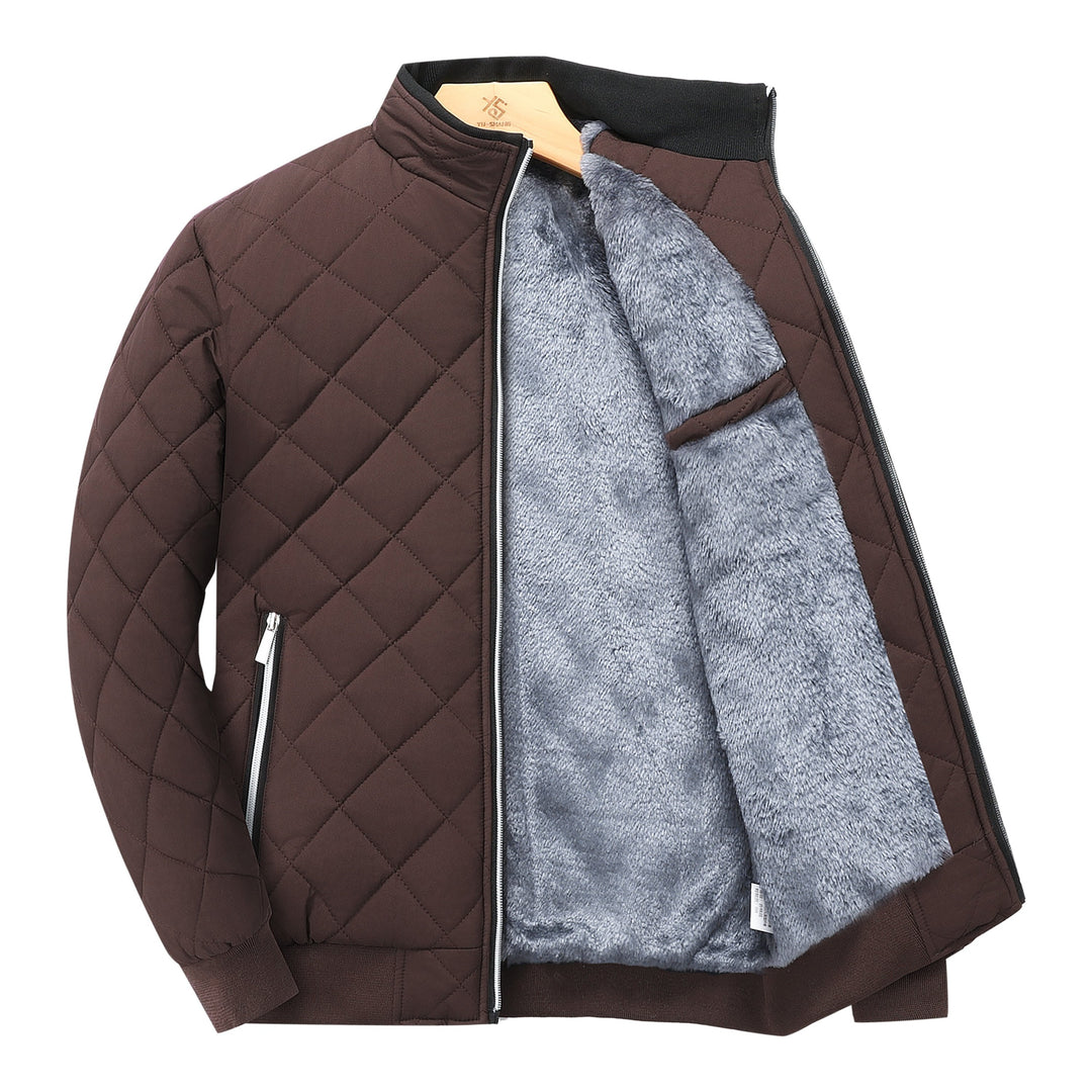 Men's Quilted Fleece-Lined Jacket - Warm & Stylish, Casual Zip-Up with Stand Collar, Long Sleeves, and Pockets - Dark Green, Polyester, Perfect for Winter, Zip Up Jacket