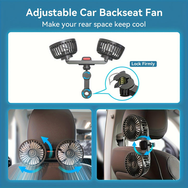 Car Fan, Car Small Air Conditioner, Dual-Head Rear Fan, Strong Wind, 5 Blades, 360 Degree Rotation, Extra Large Air Volume, Super Low Sound Operation, Easy Clip Installation, Foldable and Hidden Under the Headrest, Disassembl