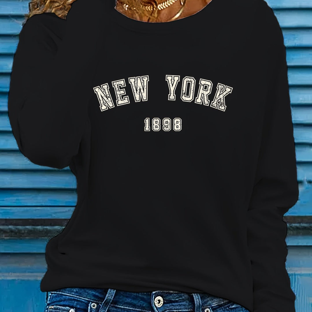 New York Print Crew Neck T-shirt, Casual Long Sleeve Top For Spring & Fall, Women's Clothing