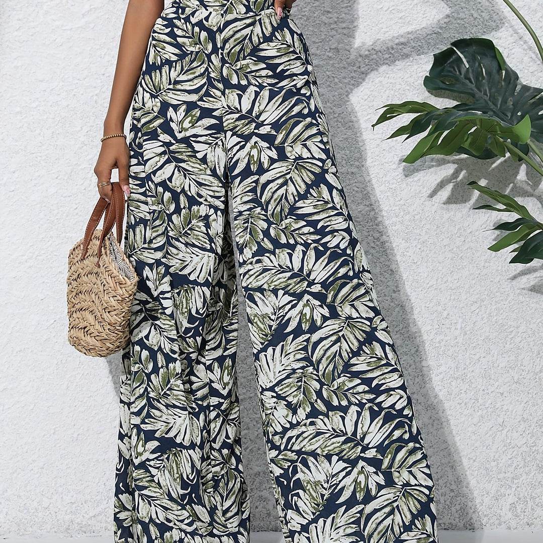 Bohemian Chic Plants Print Palazzo Pants - Casual High Waist Elastic Wide Leg - Perfect for Summer Beach Vacations - Comfortable Womens Clothing