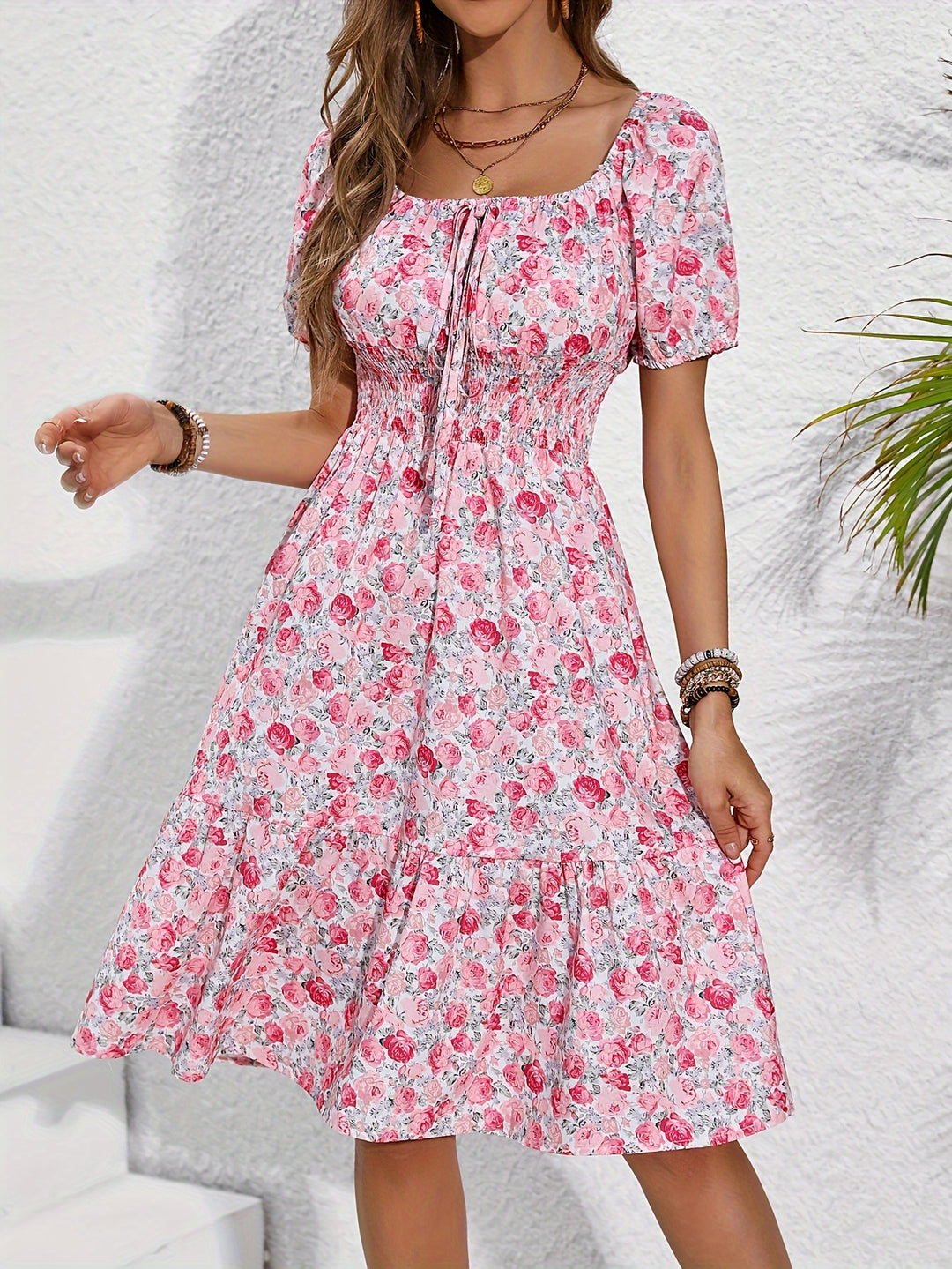 Floral Square Neck Ruffle Dress