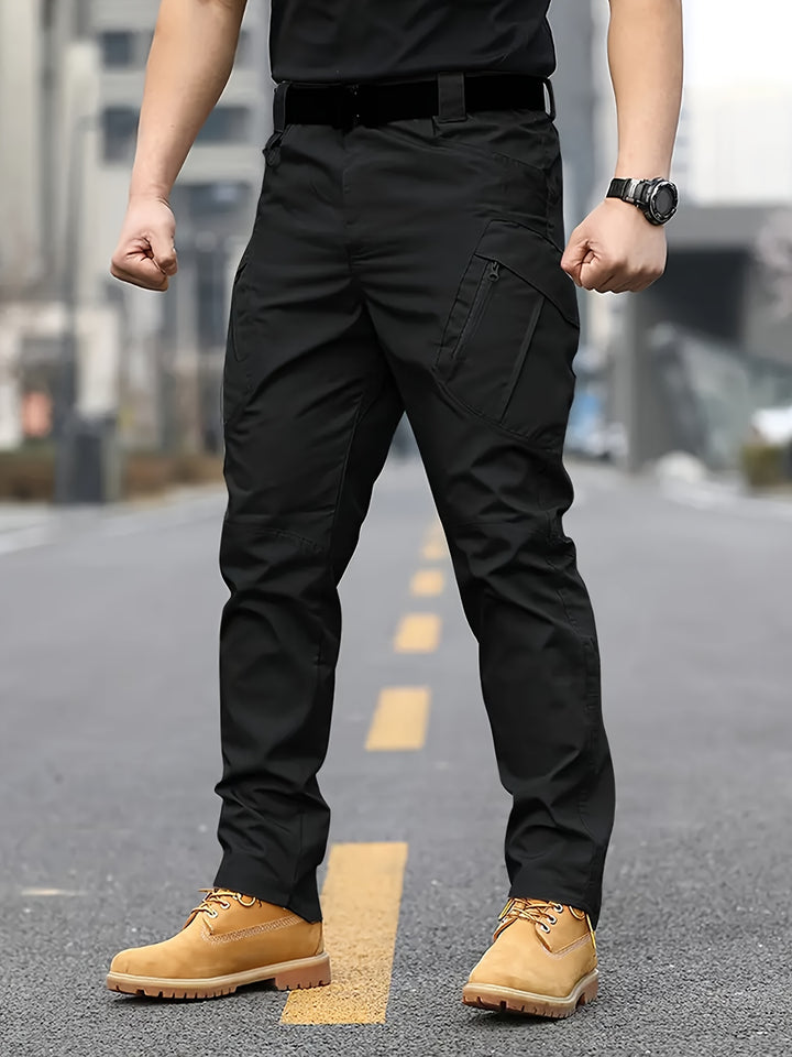 Men's Tactical Pants with Multiple Pockets, Solid Color Polyester, Machine Washable - All Seasons