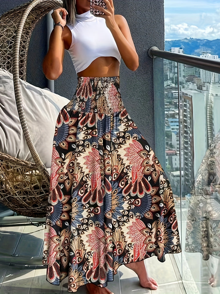 Vibrant Boho Floral Print High Waist Shirred Waist Pants - Soft, Breathable, Comfortable, Versatile, and Flattering - Perfect for Spring and Summer, Womens Casual Clothing, Ideal for Outdoor Activities and Daily Wear