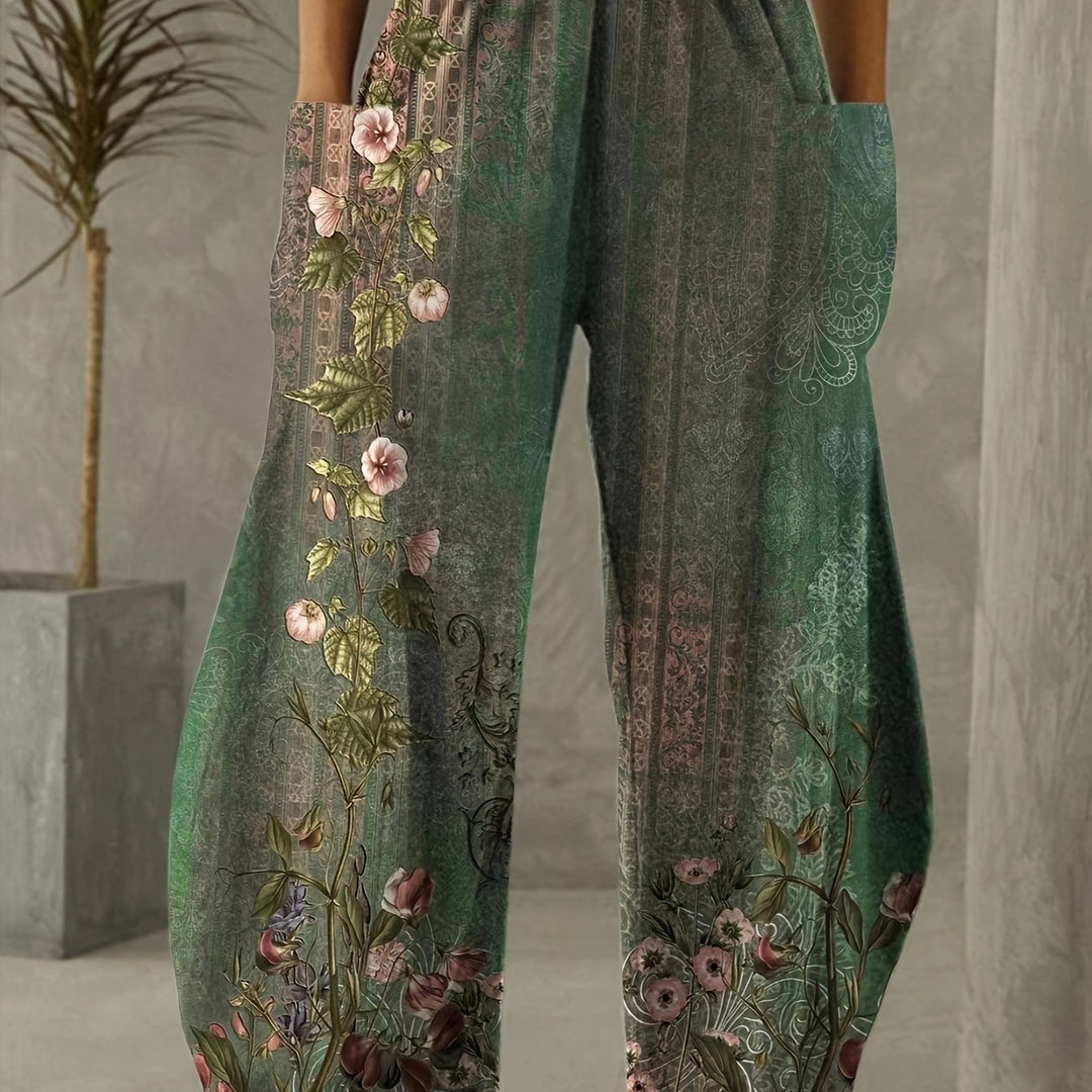 Flattering Floral Wide Leg Pants - Fashionable Slant Pockets, Relaxed Fit for Casual Daily Wear, Ideal Womens Clothing for Stylish Comfort