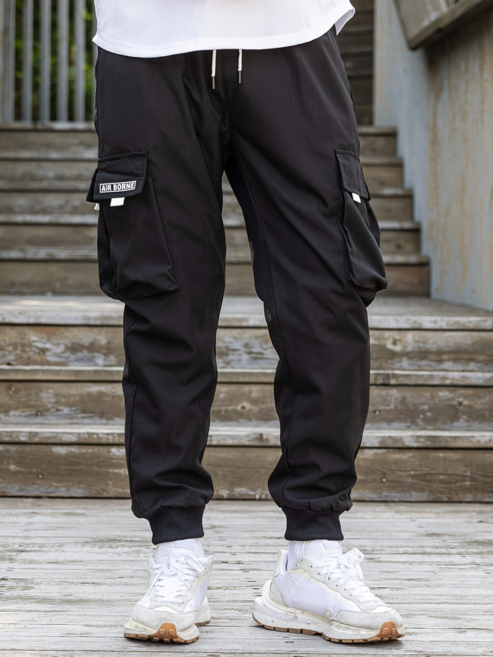 Loose Men's Comfy Cargo Pants With Flap Pockets, Drawstring Jogger Pants