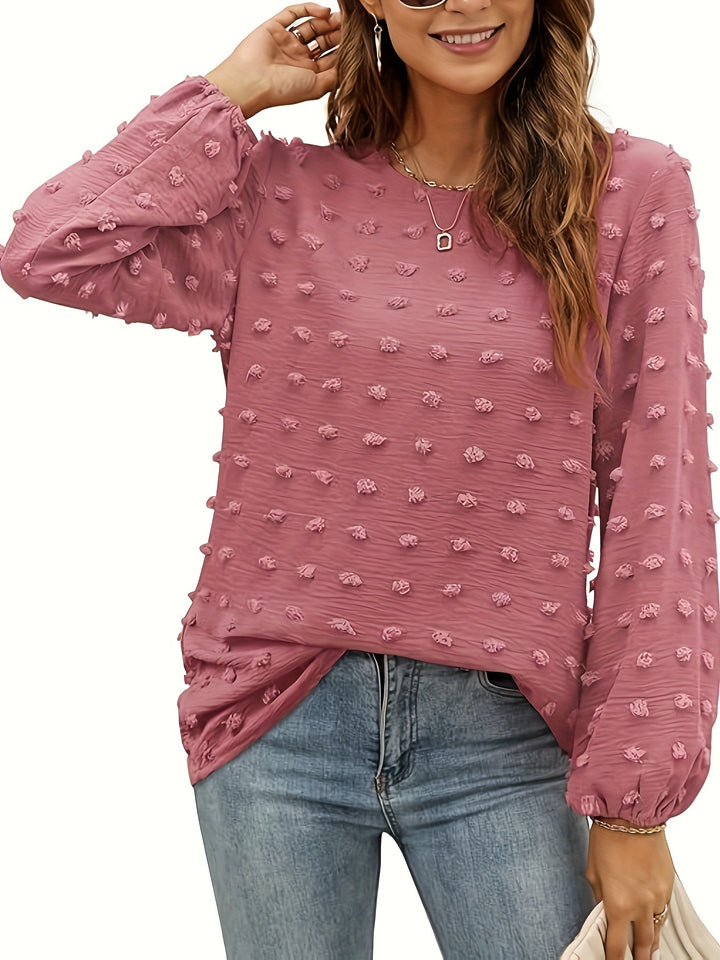 Plus Size elegant Top, Women's Plus Solid Swiss Dot Lantern Sleeve Round Neck Tunic Top