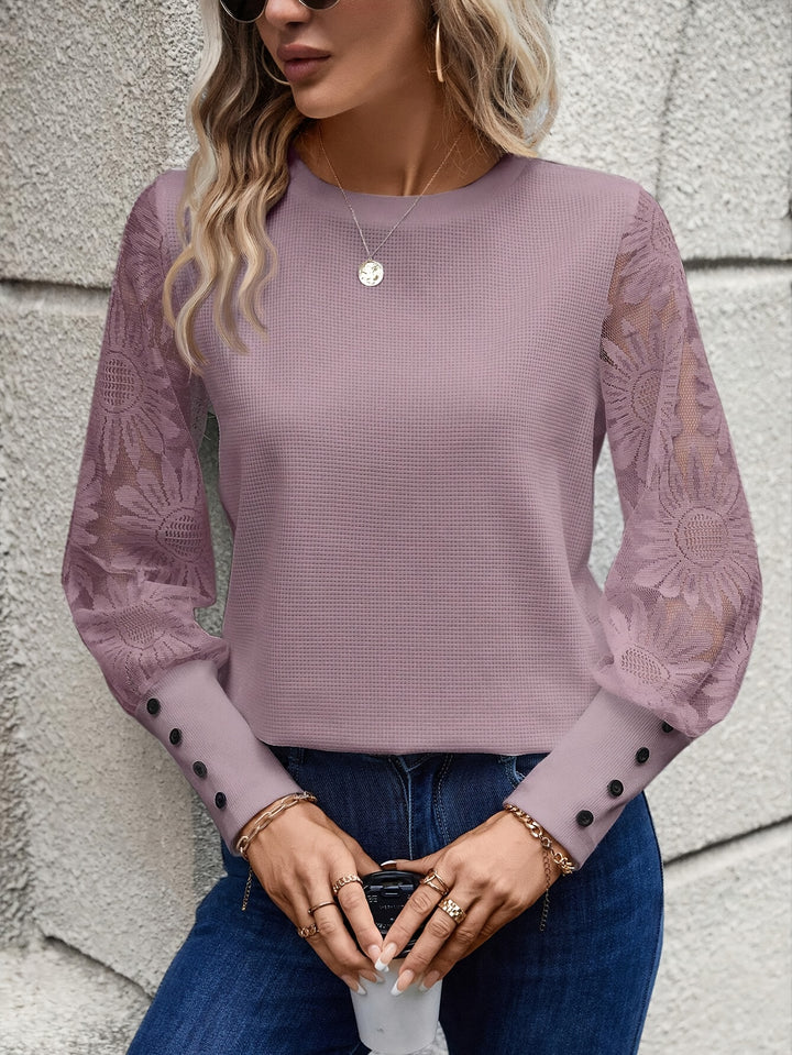 Contrast Lace Splicing Crew Neck T-shirt, Elegant Long Sleeve Top For Spring & Fall, Women's Clothing