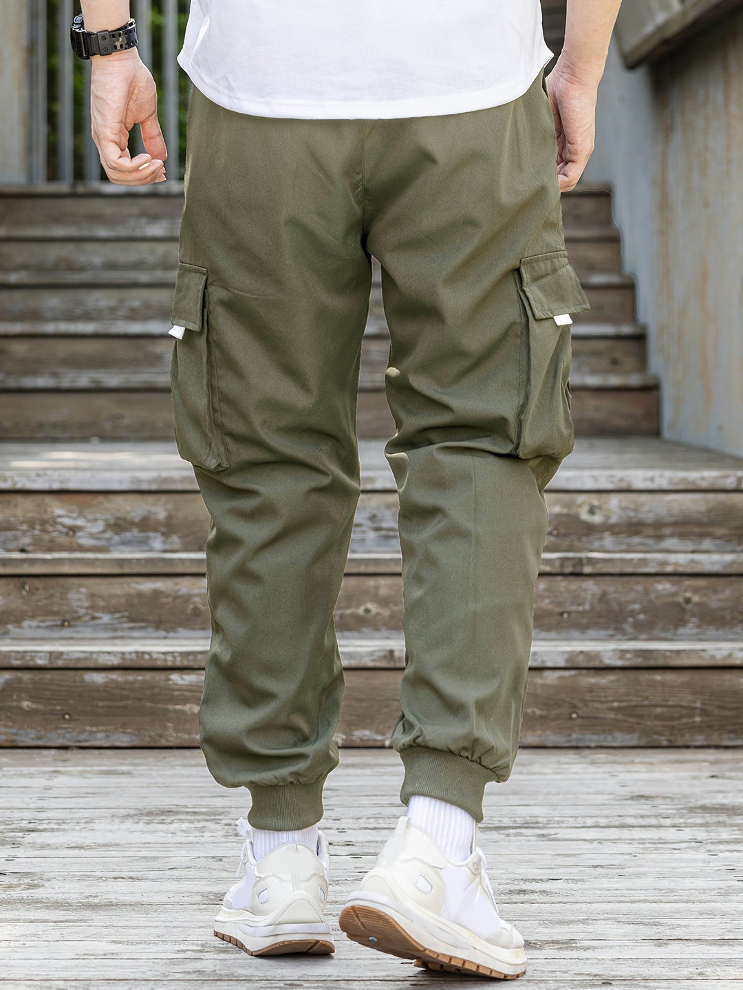 Loose Men's Comfy Cargo Pants With Flap Pockets, Drawstring Jogger Pants