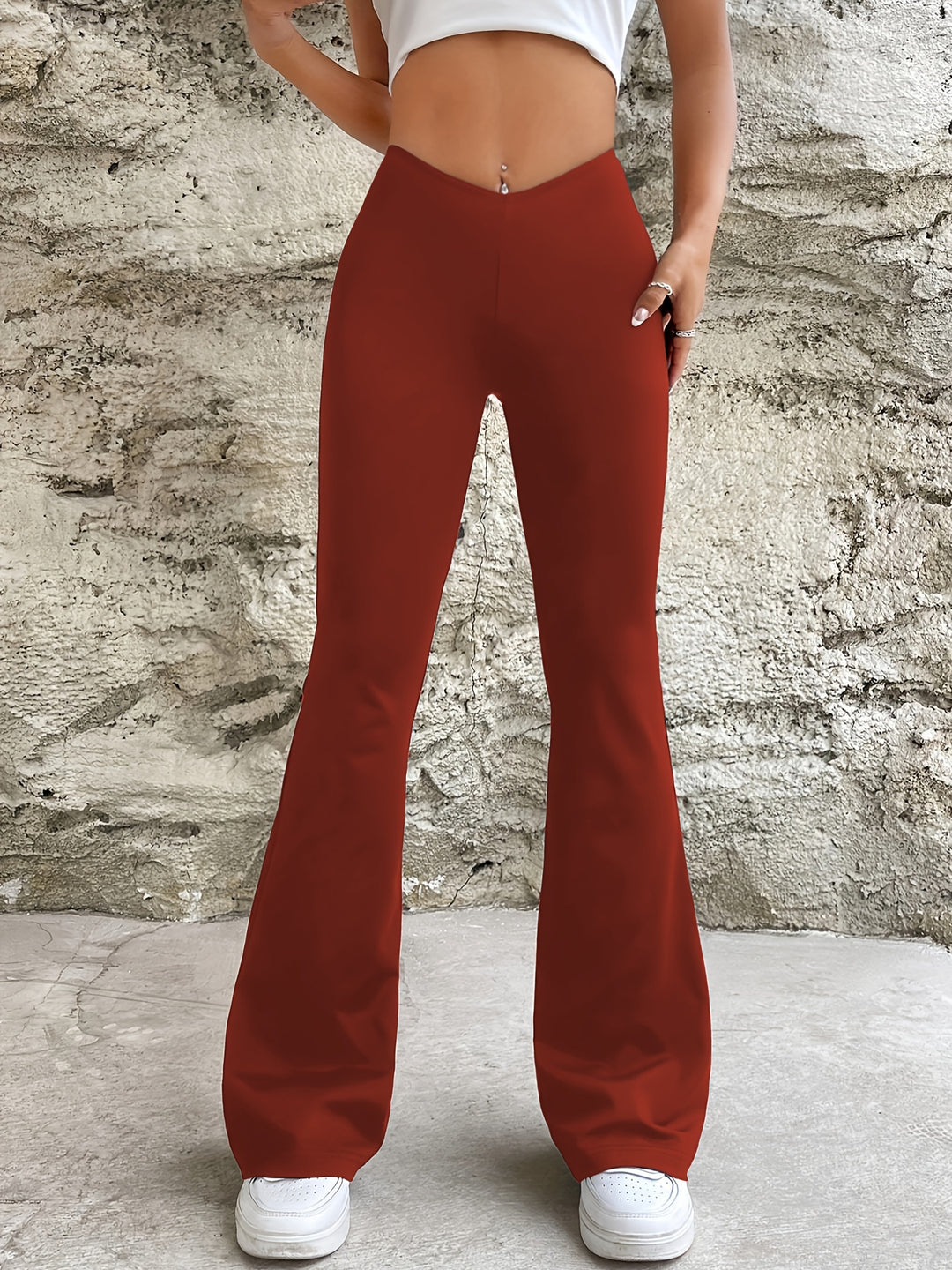 Solid Color Flare Leg Pants, Casual Elastic Waist Loose Pants, Women's Clothing