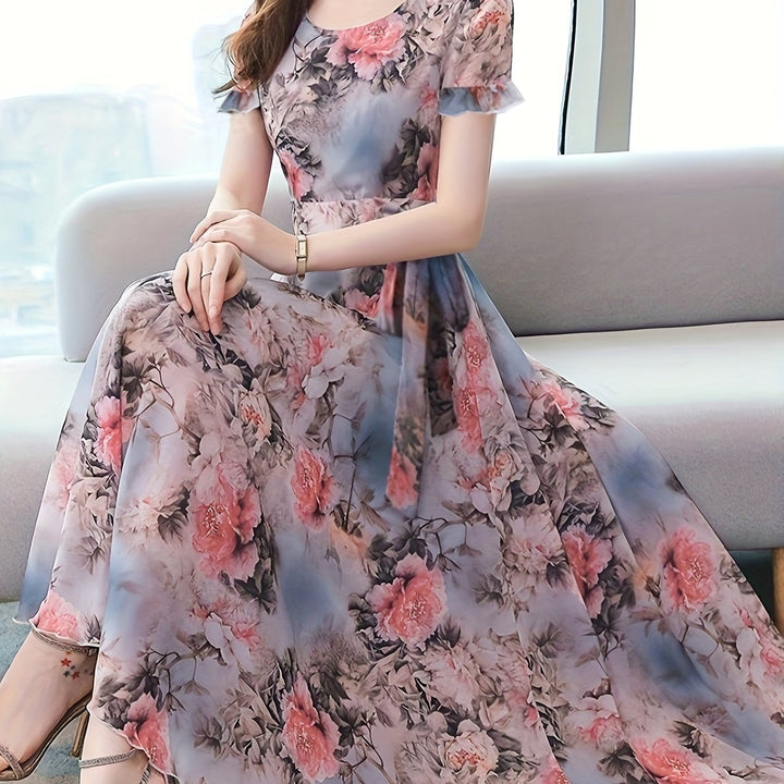 Floral Print Crew Neck Dress, Elegant Short Sleeve Dress For Spring & Summer, Women's Clothing For Elegant Dressing