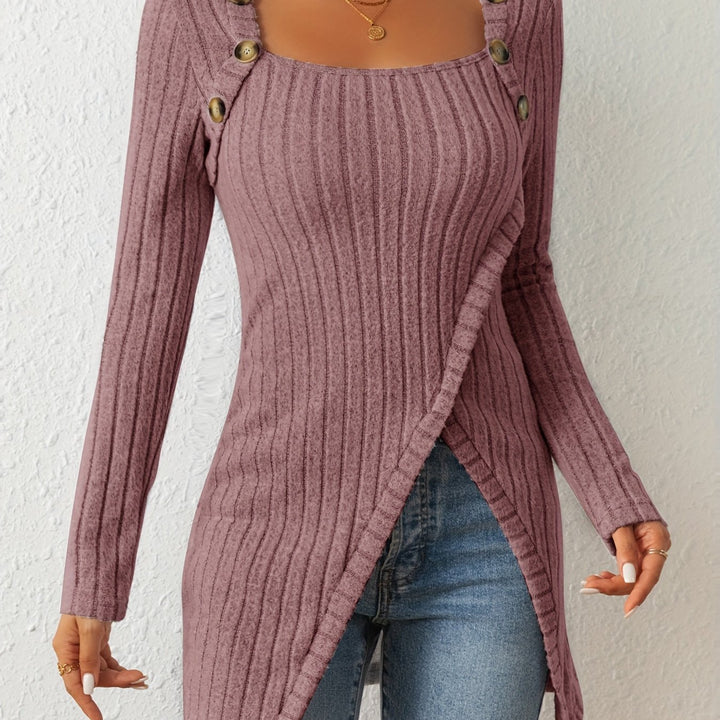 Square Neck Slim Fit Knit Button Decor Slit Hem Slim Fit Casual Long Sleeve T-shirt