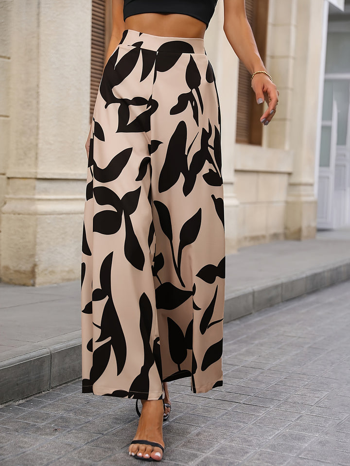 Floral Print High Waist Pants, Elegant Wide Leg Pant For Spring & Fall, Women's Clothing