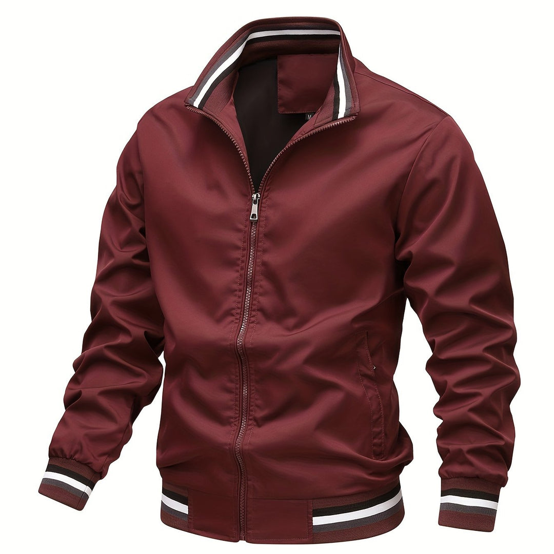 Stripe Edge Bomber Jacket, Men's Casual Stand Collar Zip Up Jacket For Spring Summer Outdoor