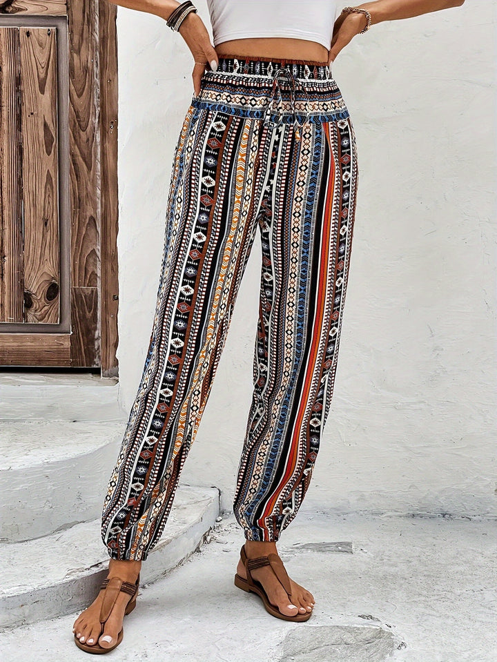 Tribal Print Drawstring Jogger Pants, Vacation High Waist Jogger Pants For Spring & Summer, Women's Clothing