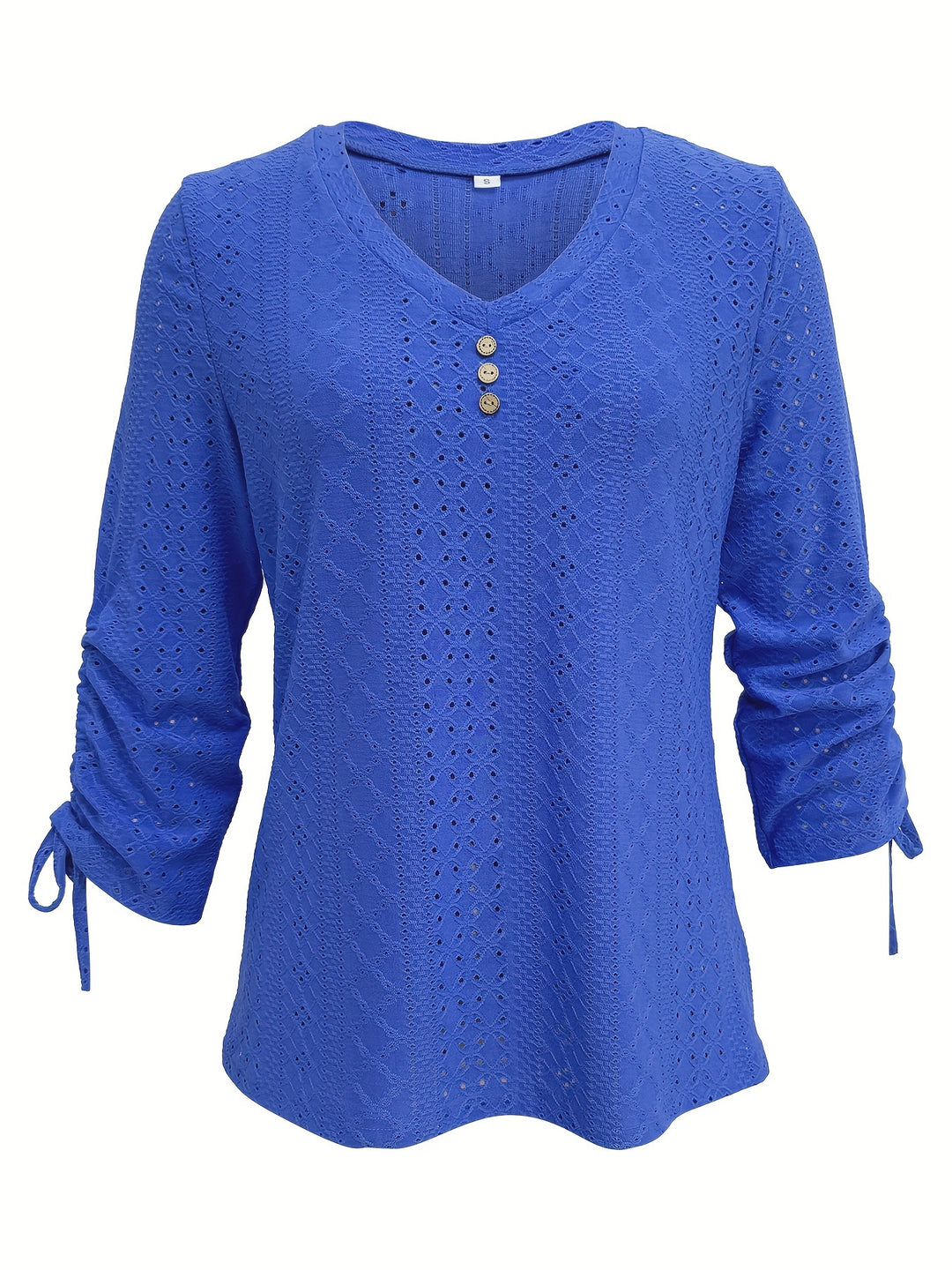 Eyelet V Neck Button T-Shirt, Casual Ruched Drawstring Long Sleeve T-Shirt, Women's Clothing